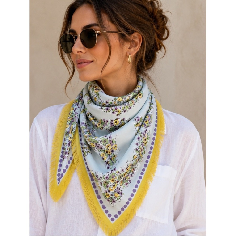 Tory Burch Silk Square Scarf Blue Yellow Floral Logo Fringe NWT Old Hollywood
